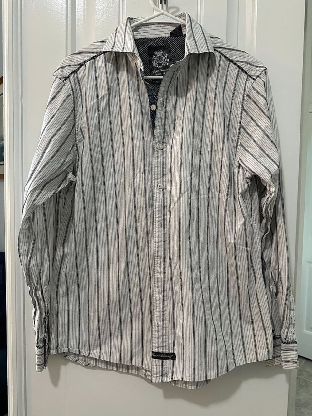 English Laundry Blaque Label Men's ButtonUp Shirt, White with Black Grey Stripes